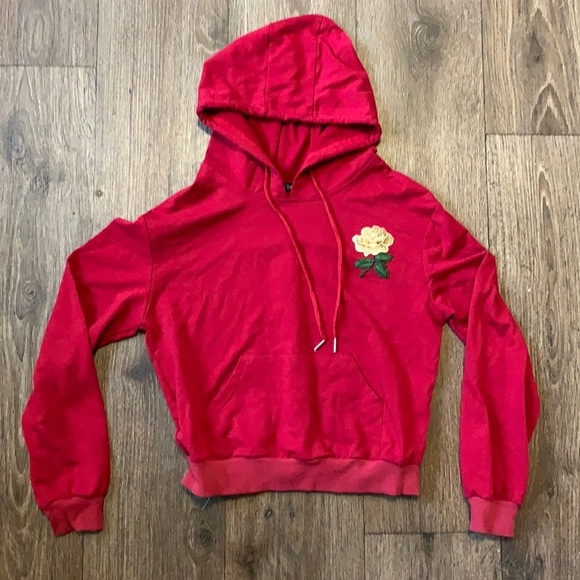 Shein Red Hoodie Sweatshirt with Yellow Rose Embroidery - Picture 1 of 5
